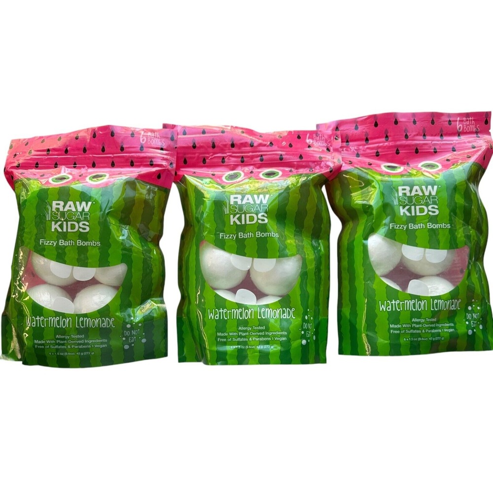 3x Raw Sugar Kids Fizzy Bath Bombs 6ct‎ Watermelon Lemonade